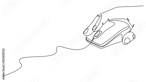 One-Line Art: Hand Operating Computer Mouse on Minimalistic White Background