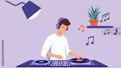 Flat vector of a DJ mixing music in a modern home studio setup.