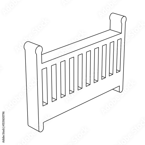 The outline of a large baby cot symbol is made with black lines. 3D view of the object in perspective. Vector illustration on white background
