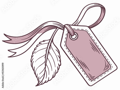 Sketch of velvet tag with ribbon and leaf isolated 