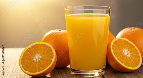A glass of fresh orange juice beside a sliced orange, showcasing a refreshing and nutritious beverage rich in vitamin C.