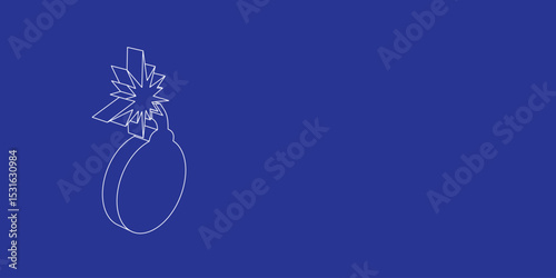 The outline of a large bomb symbol made of white lines on the left. 3D view of the object in perspective. Vector illustration on indigo background