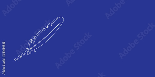 The outline of a large feather symbol made of white lines on the left. 3D view of the object in perspective. Vector illustration on indigo background