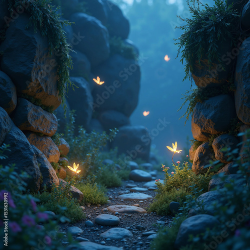 Fireflies among rocks