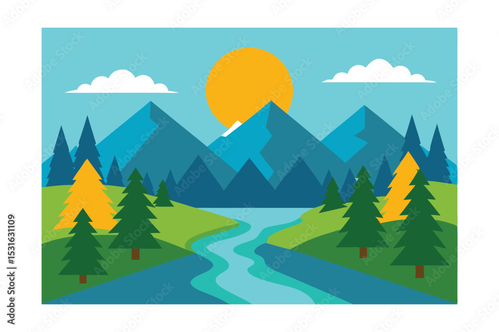 Fototapeta premium Sunny Mountain Landscape Illustration 