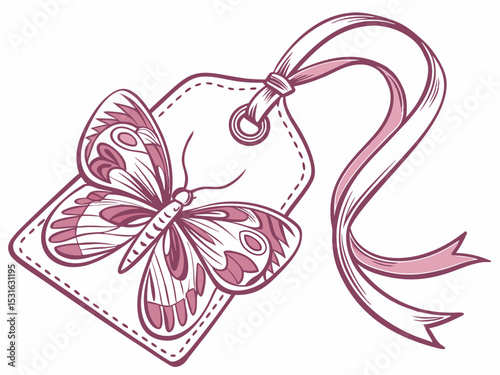 Illustration of a velvet tag with a butterfly and ribbon isolated on white background