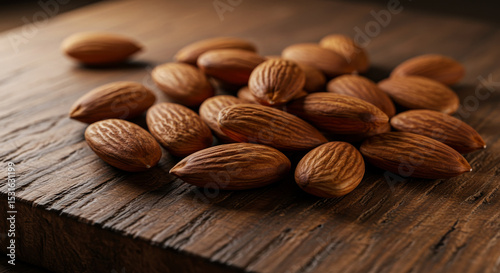  A close-up of whole almonds in their brown skins, arranged on a wooden surface, suggesting natural snacks or healthy eating.