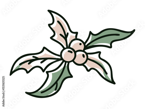 Mistletoe paper sprig with white berries and green leaves isolated on a transparent background