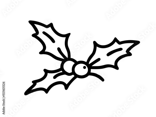 Outline illustration of mistletoe paper sprig with white berries and  leaves