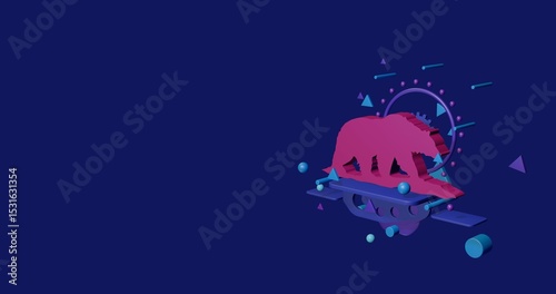 Pink wild bear symbol on a pedestal of abstract geometric shapes floating in the air. Abstract concept art with flying shapes on the right. 3d illustration on indigo background