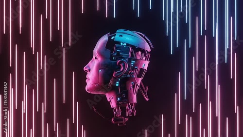 Cybernetic female head in neon light