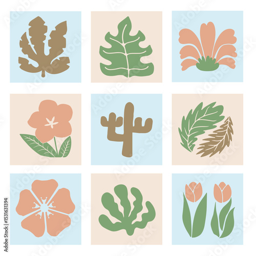 Hand drawn frame with abstract flowers, leaves and other plants in a cool style.