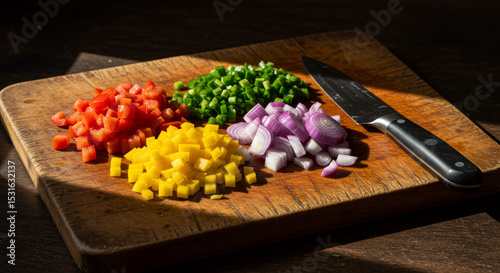 Chopped vegetables neatly arranged on a rustic cutting board, with a knife resting beside them, and light casting gentle shadows a mise en place scene full of color, balance, and control.