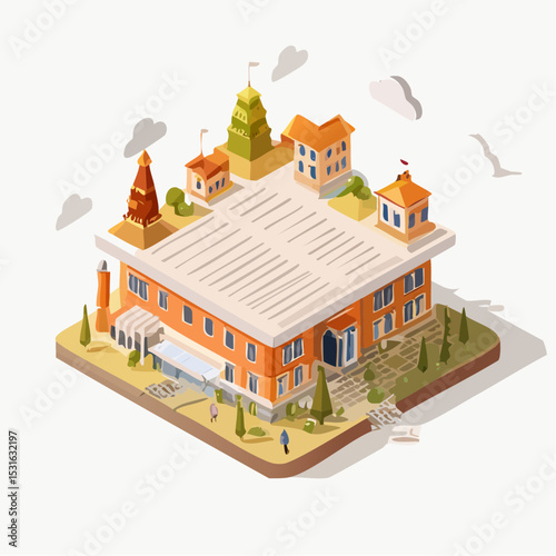 Unique Miniature Cityscape Isometric Illustration of Buildings and Temples on a Book
