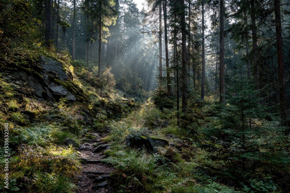 Fototapeta premium Sunlight streams through a misty forest path