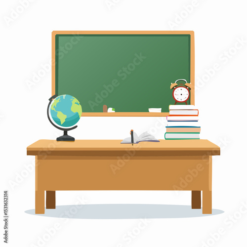 Classroom Setup Blackboard, Globe, Books, and Desk – Back to School Illustration