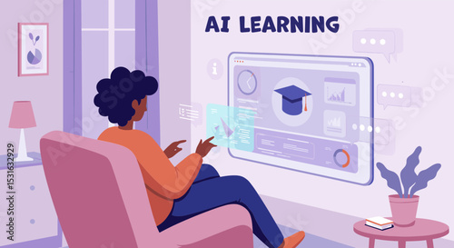 Woman in an armchair interacting with a floating 'AI LEARNING' display, showing educational and data analysis