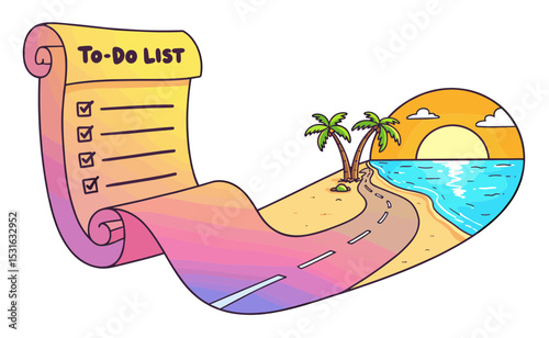 'To-do list' scroll unraveling into a long, winding road leading to a sunny vacation spot. Vector sticker design