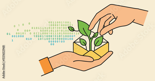 Sustainable Digital Growth with hand holding an envelope from which a plant is growing, with binary code in the background