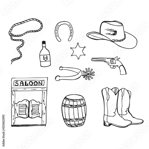 Hand drawn western vector doodles. Line art illustrations with wild west atmosphere, cowboy and cowgirl hat and boots, spur, lasso, revolver, sheriff's star, bottle of whiskey, lasso, sallon