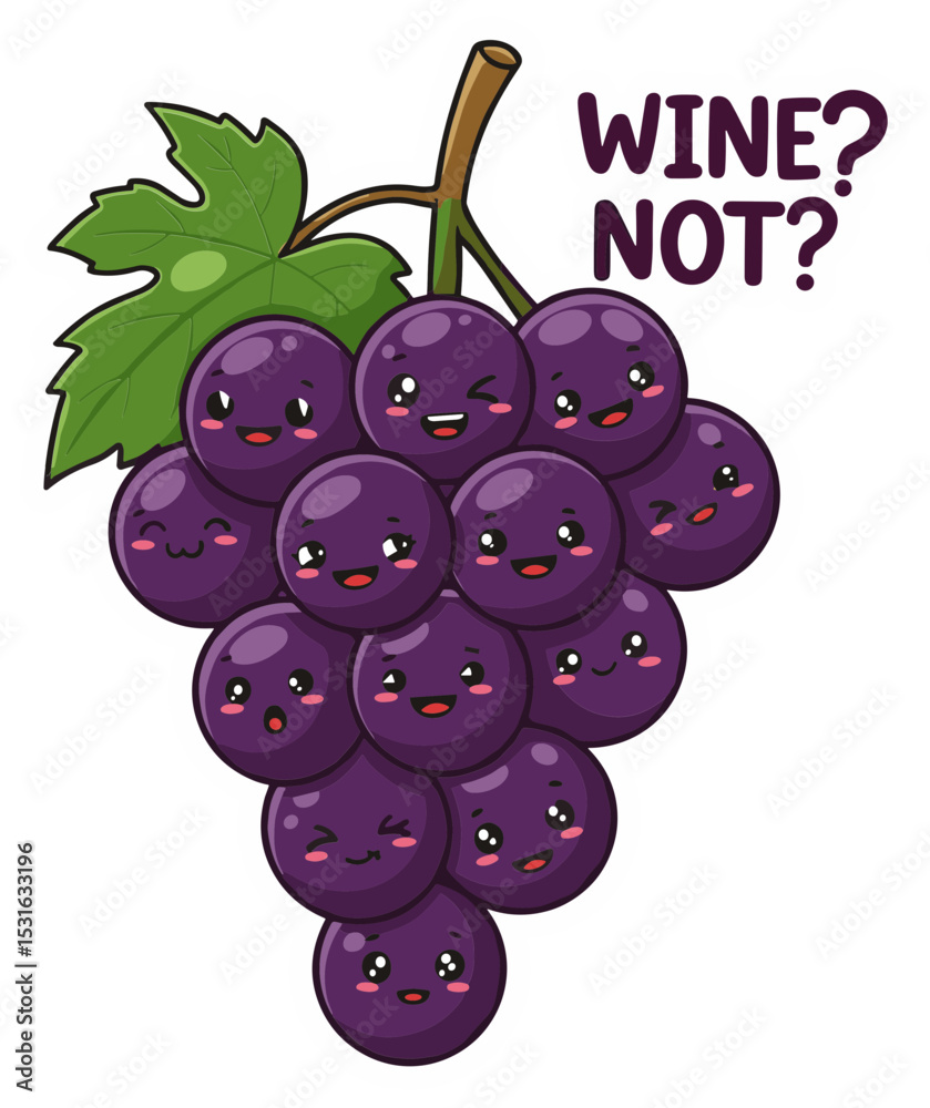 Cluster of grapes with tiny faces, one winking, forming a 'Wine Not?'. Vector sticker design