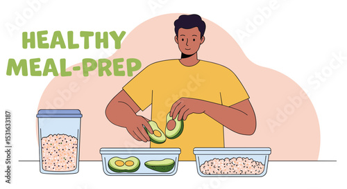 Latin man preparing healthy meal prep. Flat design colorful illustration