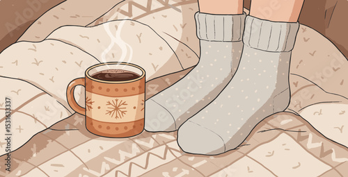 Feet in comfortable socks on a bed with a steaming mug, relaxation and wellness at home. Illustration vector design