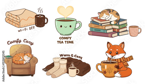 Colorful cartoon sticker of cozy and comfy concept