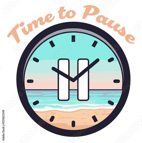 Clock with a 'pause' button where the numbers should be, with a relaxing beach scene inside. Vector sticker design