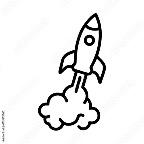 Blast off! Rocket launches into the sky, smoke and vapor trail. Simple icon graphic.