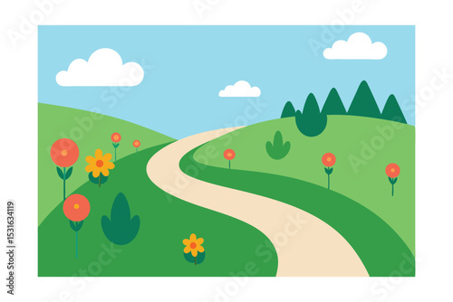 Vector Illustration of Curved Path in Natural Landscape 