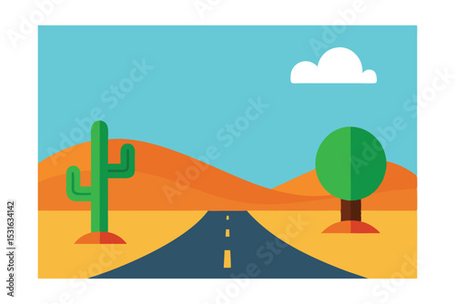 Vector Illustration of Desert Landscape with Cactus 