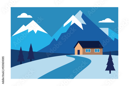 Vector Winter Landscape with House, Road, and Mountains