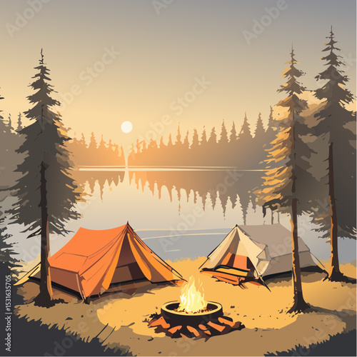 Tranquil Sunset Camping Scene Lakeside Fireflies and Tents