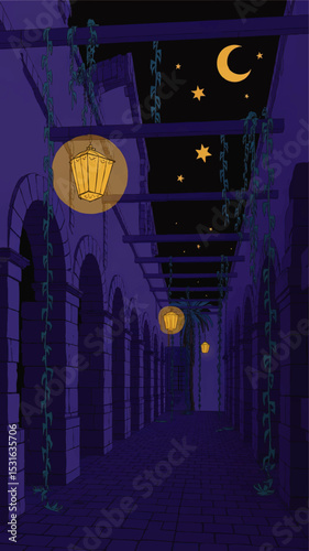 Magical Night Courtyard Illustration with Vintage Lanterns, Stone Arches, Climbing Vines, Crescent Moon and Stars, Tranquil Dreamy Atmosphere