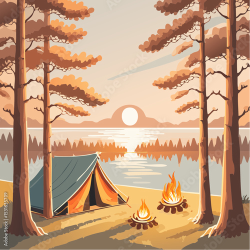 Sunset Camping Scene Serene Lakeside Campsite with Fireflies and a Blue Tent
