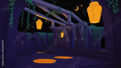 Magical Night Courtyard with Lanterns, Moon, and Overgrown Vines – Fantasy Architecture Illustration in Deep Blue Tones