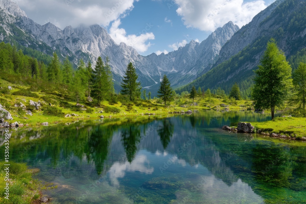 Serene alpine lake nestled amongst towering peaks Serene alpine lake nestled amongst towering peaks