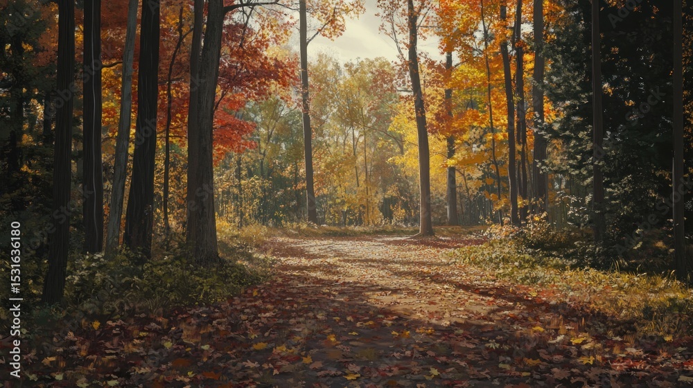 Fototapeta premium Sunlight streams through autumn forest path