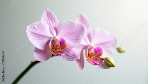 Single Laelia rubescens orchid, pristine white backdrop, plant, tropical, close up