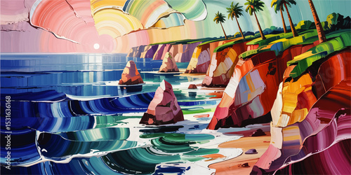Vibrant Abstract Tropical Coastline at Sunset with Colorful Cliffs, Palm Trees, and Ocean Waves – Modern Digital Painting Art