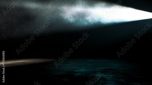Spotlight Beam Illuminating a Dark Concrete Floor with Atmospheric Mist