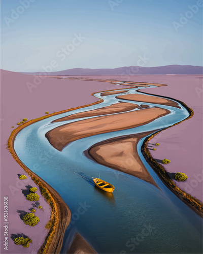 Serene yellow boat on winding river through surreal purple desert landscape with sandbanks, dramatic sky and tranquil nature scene