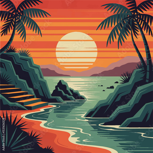 Vibrant Retro Tropical Beach Sunset Illustration with Palms, Ocean Waves, Rocky Cliffs, and Orange Sky – Vector Art