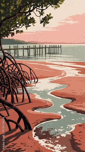 Tranquil Mangrove Coastline at Sunset with Wooden Pier, Pink Sky and Flowing Tidal Water, Serene Nature Illustration