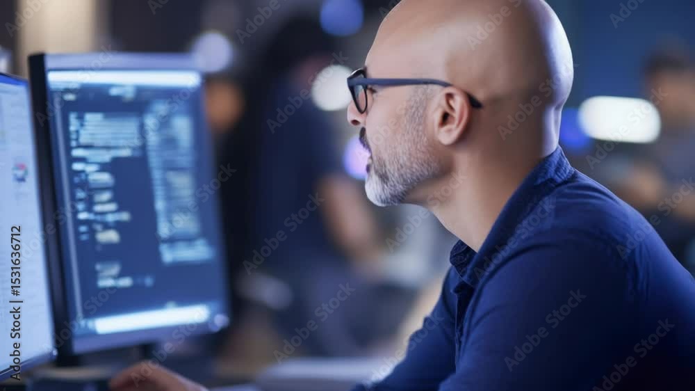 Indian Man Working at Computer, Smiling in Office at Night Indian Man Working at Computer, Smiling in Office at Night