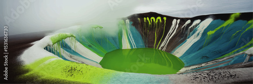 Abstract Volcanic Crater with Vibrant Green Lake, Blue and Lime Dripping Colors, Misty Landscape, Modern Digital Artwork