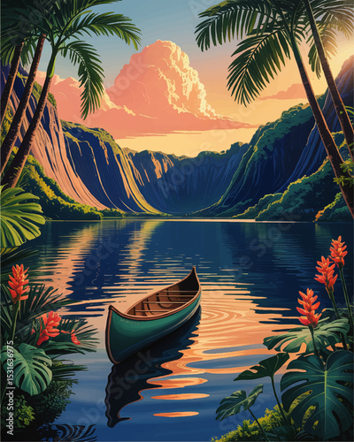 Tranquil Tropical Lake at Sunset with Canoe, Lush Jungle, Palm Trees, and Vibrant Flowers in Scenic Mountain Landscape Illustration