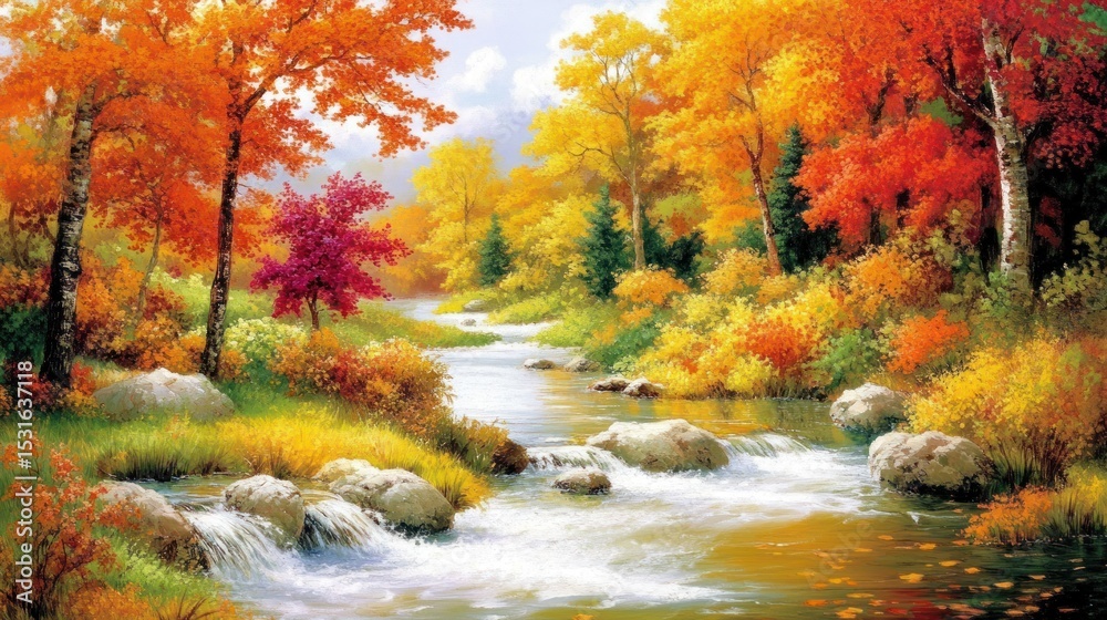 Autumnal forest stream scene. Vibrant fall foliage, flowing water, and rocks Autumnal forest stream scene. Vibrant fall foliage, flowing water, and rocks