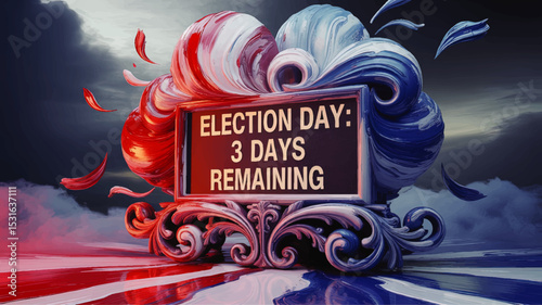 Dramatic Countdown to Election Day With Red, White, and Blue Ornate Sign, Bold Text, and Stormy Sky for Political Campaigns